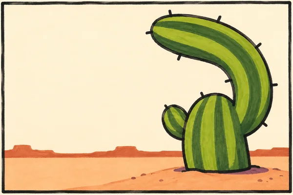 A large green comic-style cactus with a broad trunk, a small left nub and an oversized curved arm stands on peach-colored sand against a cream sky and…