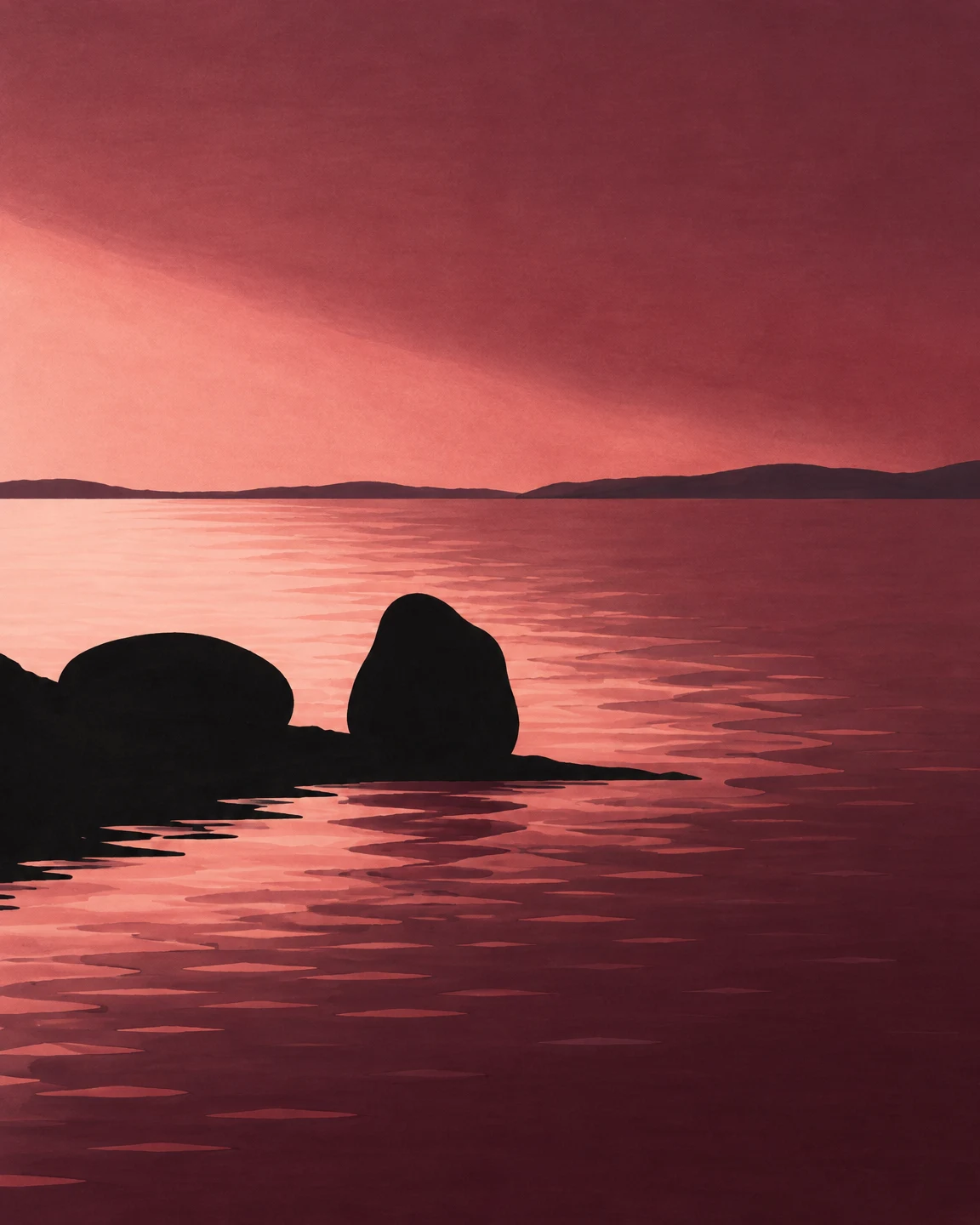 A black foreground shoreline with two rounded boulders projects into a pink and burgundy lake, with a low dark ridge on the distant horizon and stylized blush…
