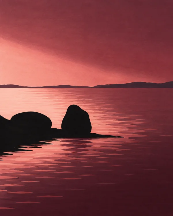 A black foreground shoreline with two rounded boulders projects into a pink and burgundy lake, with a low dark ridge on the distant horizon and stylized blush…