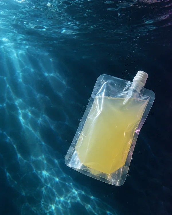 A transparent stand-up pouch filled with pale yellow liquid floats diagonally underwater, with a white screw spout pointing upward and blue caustic patterns in…