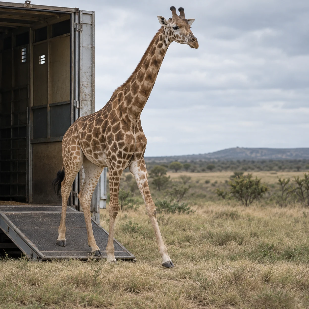 A giraffe steps from a metal transport crate down a ramp onto dry grass, with open scrubland and a low ridge in the background.