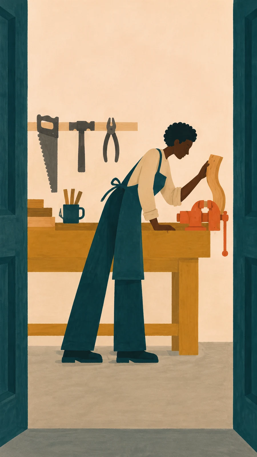 A Black maker with short natural hair and a long dark teal apron leans over an ochre workbench, examining a curved wooden blank held in a coral vise.