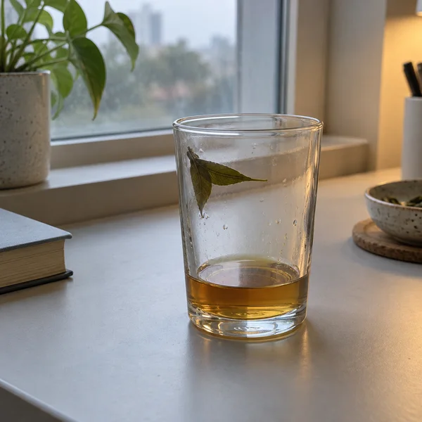 A clear tumbler with a shallow pool of amber tea and an olive-green leaf stuck inside sits on a desk beside a window; a potted plant, book, bowl, and utensil…