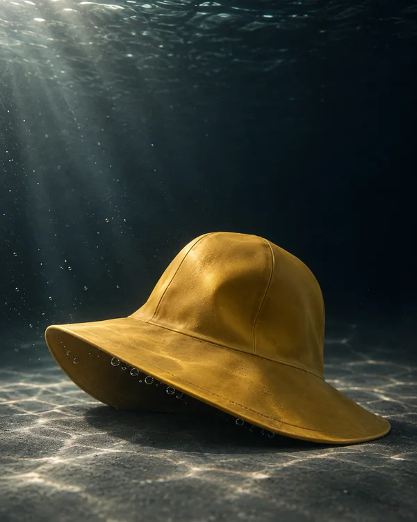An ochre rain hat rests at an angle on a slate-grey floor underwater, with small bubbles beneath its broad brim and a dark open-water background above.