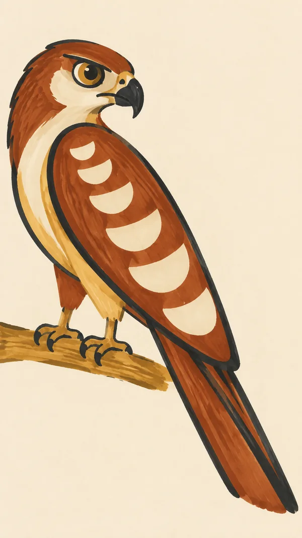 A rust, ochre, cream and charcoal hawk with a large head, hooked beak and five cream scallops across its folded wing perches on an ochre branch; its long tail…