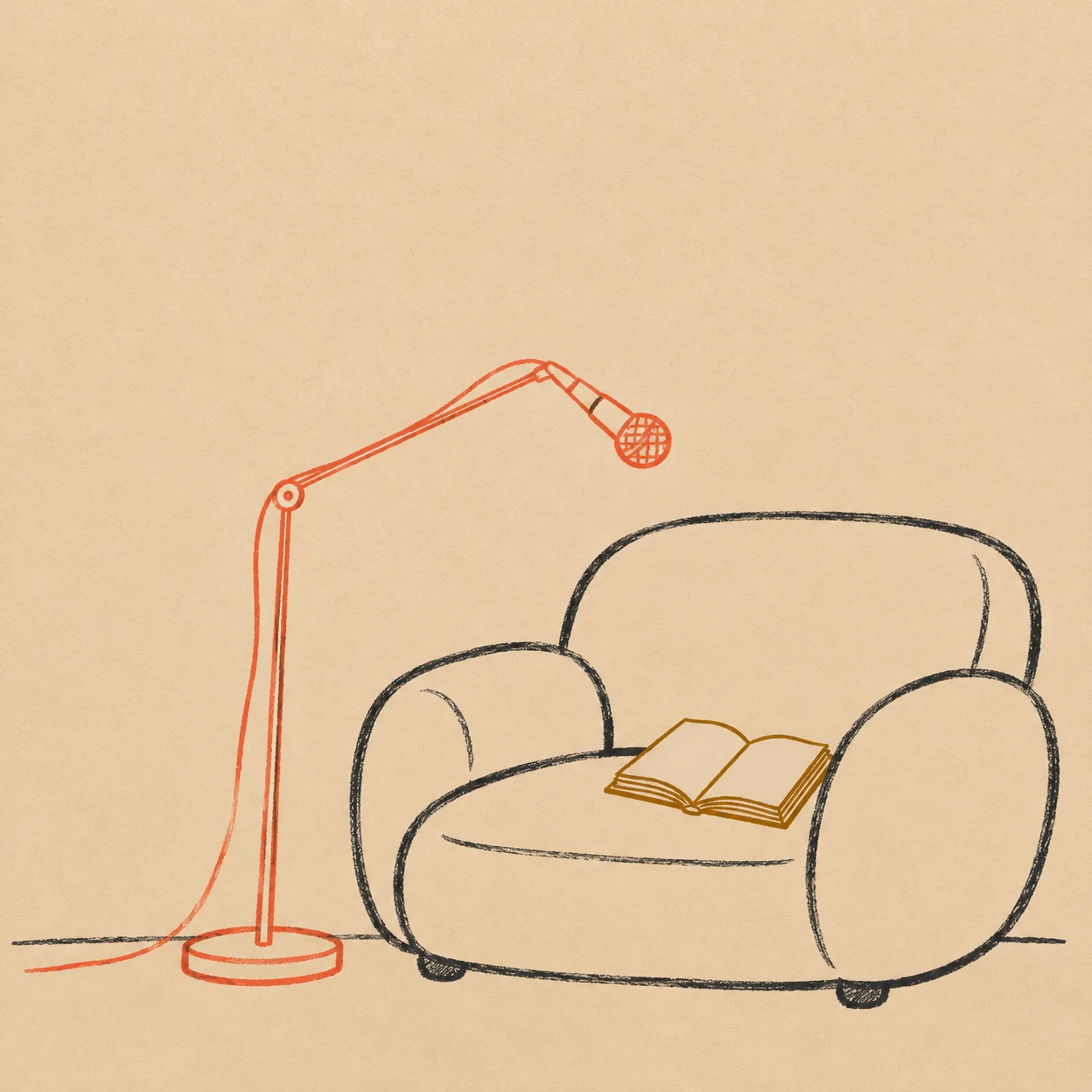 A charcoal-outlined, broad low armchair with an open blank book sits beside a tall coral floor microphone stand that bends over it; a loose coral cable curves…