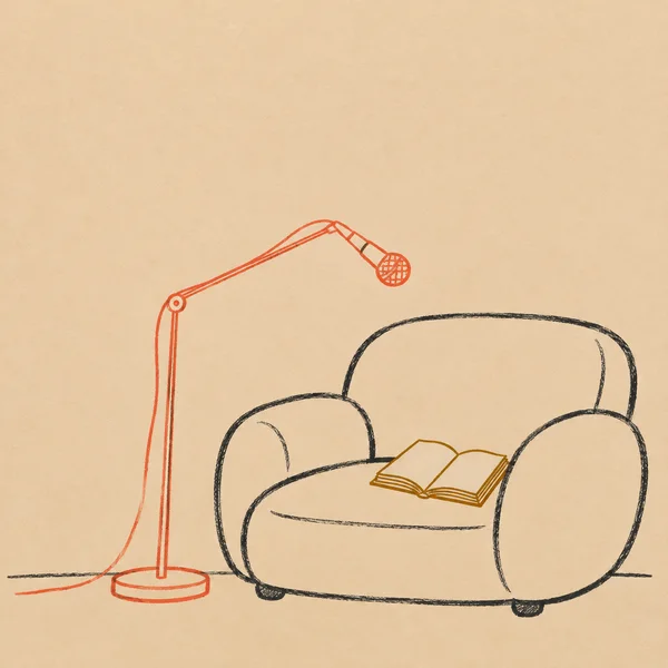 A charcoal-outlined, broad low armchair with an open blank book sits beside a tall coral floor microphone stand that bends over it; a loose coral cable curves…