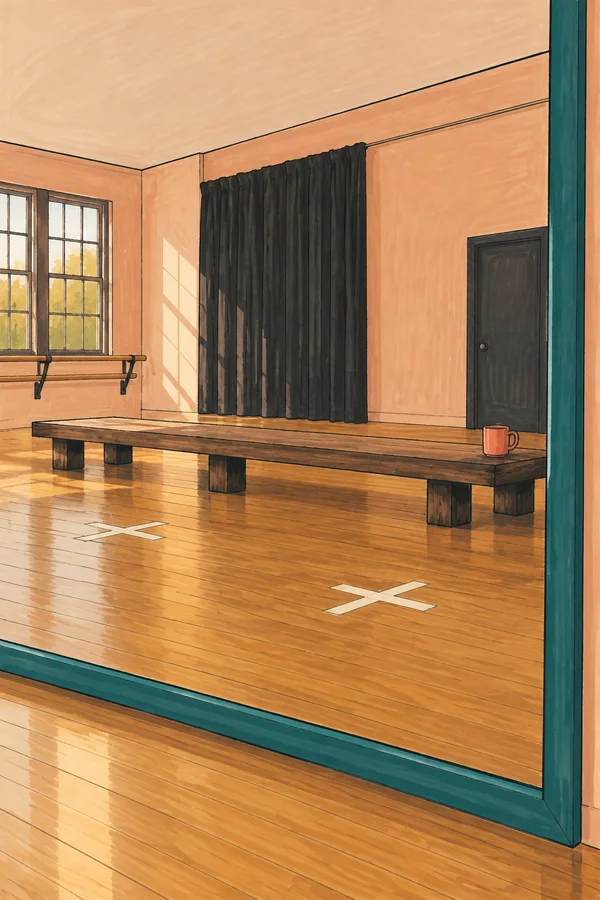 A large teal-framed wall mirror reflects an empty peach-walled rehearsal room with a long wooden bench, a coral mug, dark curtains, a door, windows and two…
