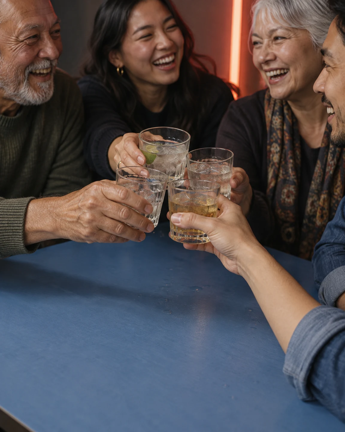 Four adults, including an older man and woman and two younger adults, laugh as their mismatched tumblers meet over a blue tabletop, with a narrow coral glow…