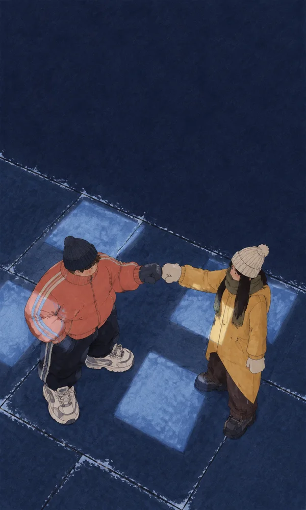 An overhead illustration of two bundled-up friends fist-bumping on dark blue pavement.
