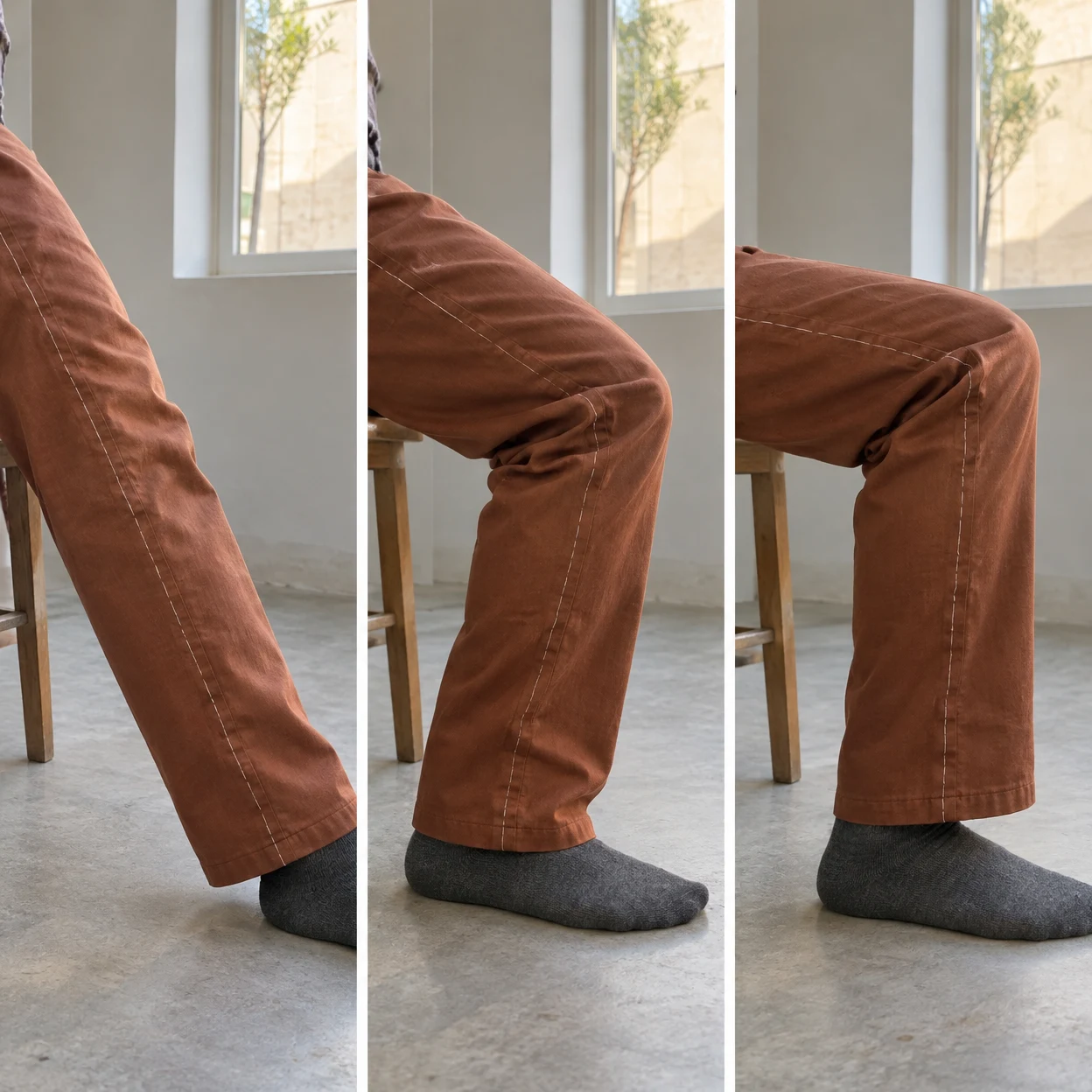 A three-panel sequence shows a seated adult’s rust-coloured trousers moving from a nearly straight leg to a bent knee, with pale basting along the outer seam.
