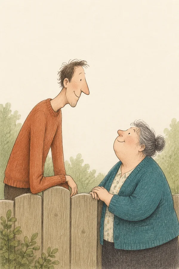 A lanky person in a terracotta sweater leans over a wooden garden fence to chat with a shorter, broad person in a teal cardigan.