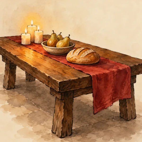 A rustic wooden farm table with a red cloth runner holds a golden loaf, a bowl of three pears and three lit candles, against a warm cream background with a…