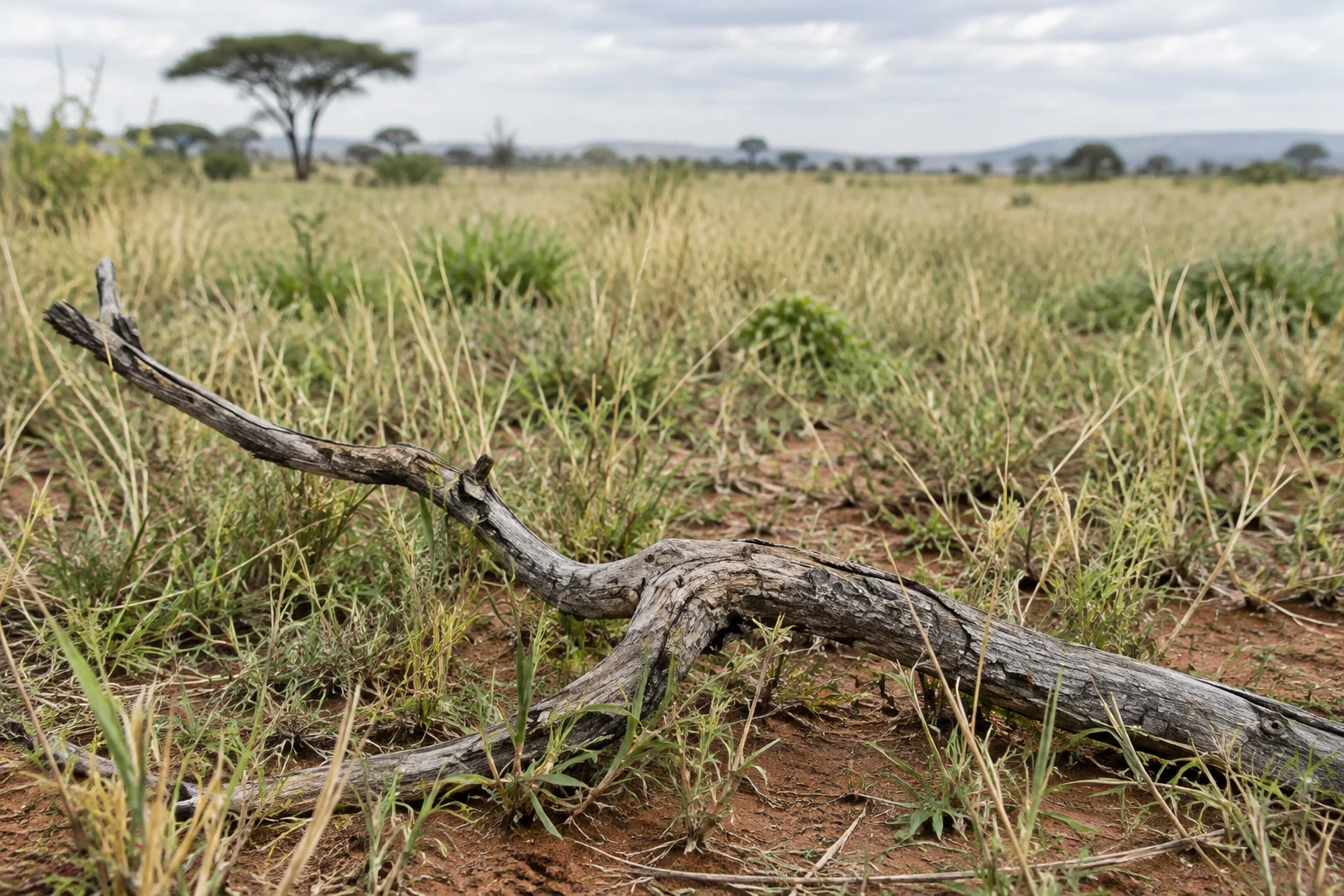 A weathered grey branch lies diagonally across reddish soil and mixed green and straw-coloured grass in an open grassland, with umbrella-shaped trees softly…