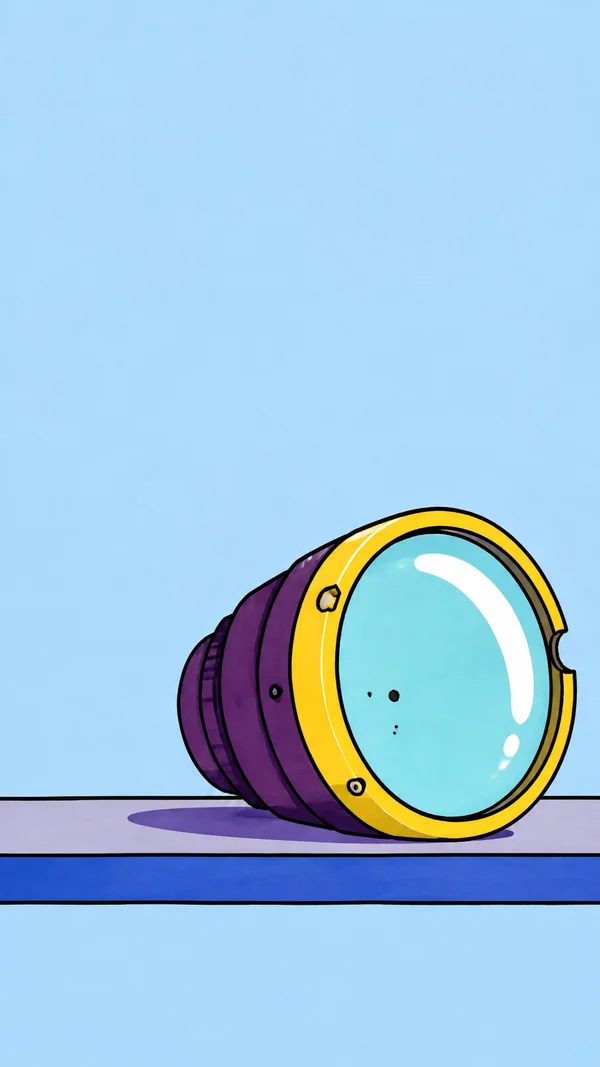 A large plum-barreled projection lens with a yellow rim and cyan glass rests on a lavender shelf with a cobalt front edge against a pale blue background.