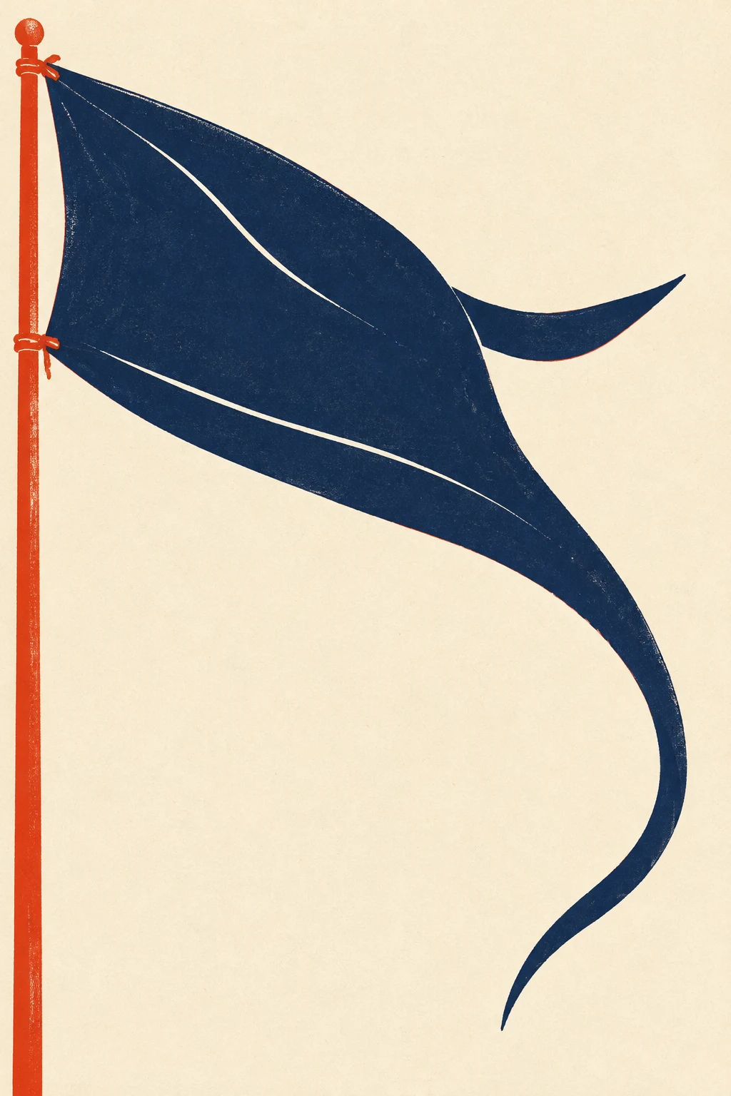 A large dark navy swallowtail pennant tied to a vermilion mast stands against a warm ivory, grain-textured background.