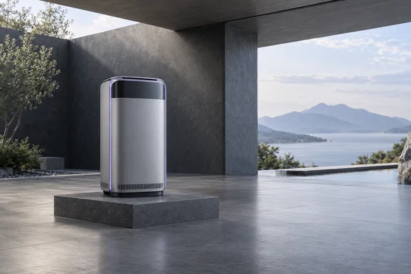 A silver floor-standing air purifier with a dark glass header and violet edge detail stands on a rectangular stone plinth in an open-sided graphite pavilion…