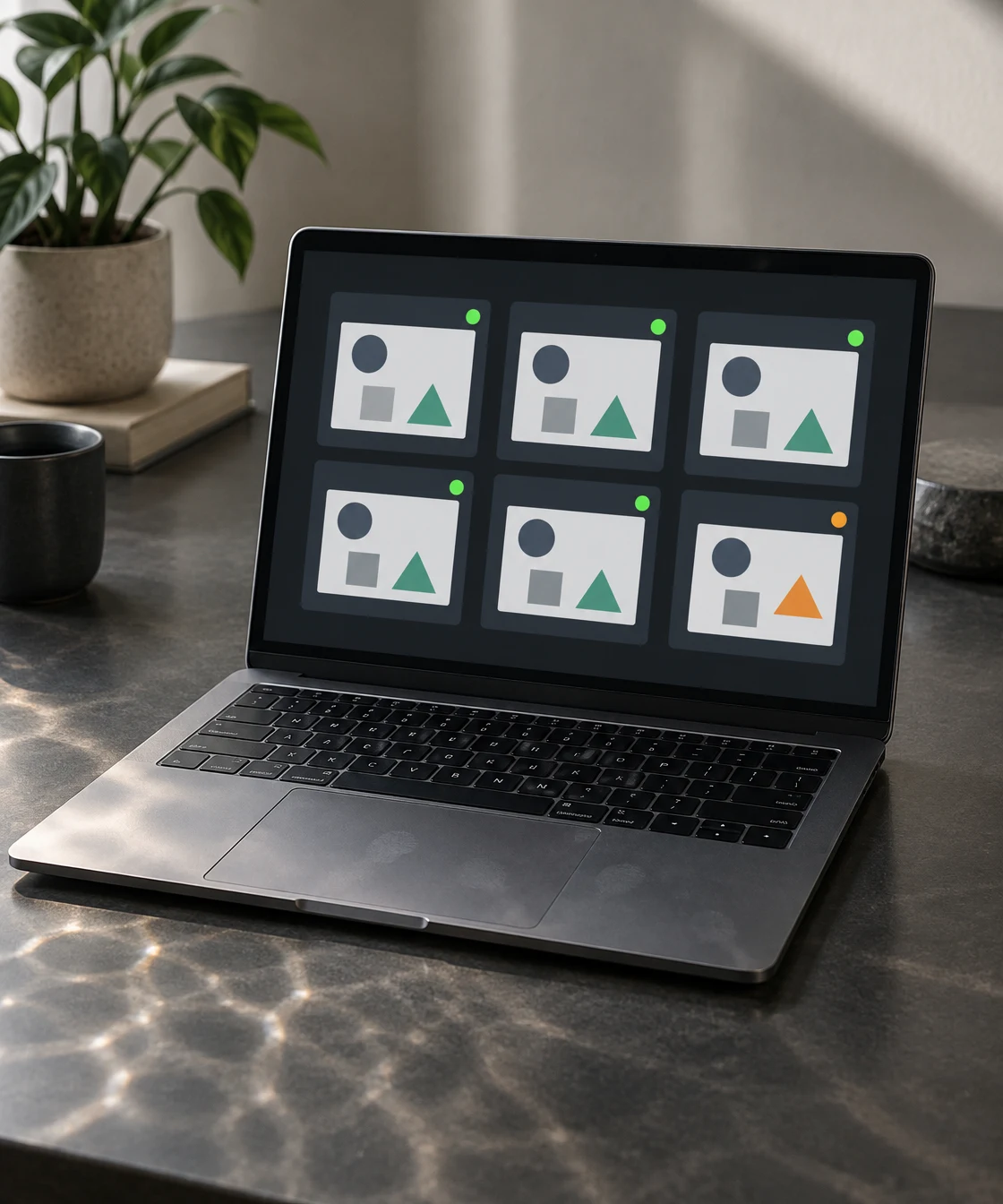 An open silver-gray laptop on a charcoal desk displays six geometric comparison cards, five with green status dots and one with an orange triangle and amber…