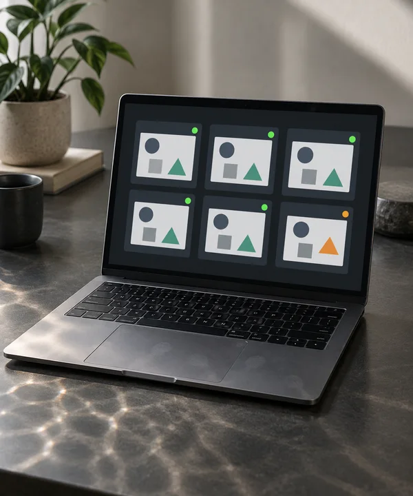 An open silver-gray laptop on a charcoal desk displays six geometric comparison cards, five with green status dots and one with an orange triangle and amber…