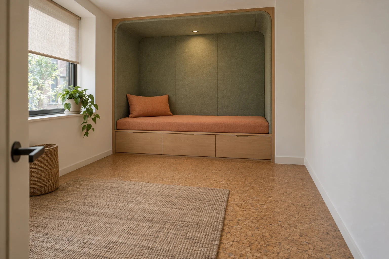 A compact warm-white room with a built-in alcove featuring sage-colored lining, a rust-apricot bench and cushion, rounded wood trim, and closed drawers beneath.