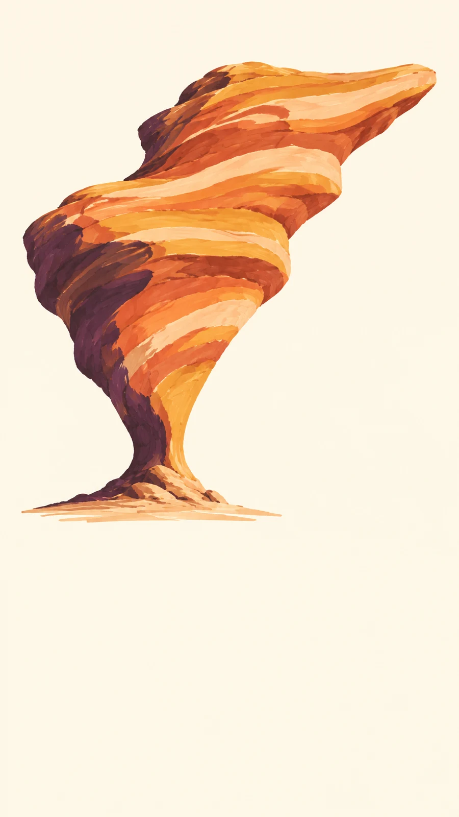 A tall, twisting sandstone formation with broad orange, ochre and pale peach bands rises from a small sandy base against a pale cream background; a…