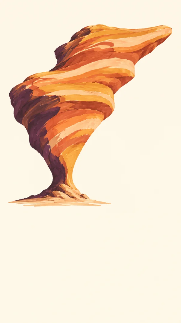 A tall, twisting sandstone formation with broad orange, ochre and pale peach bands rises from a small sandy base against a pale cream background; a…