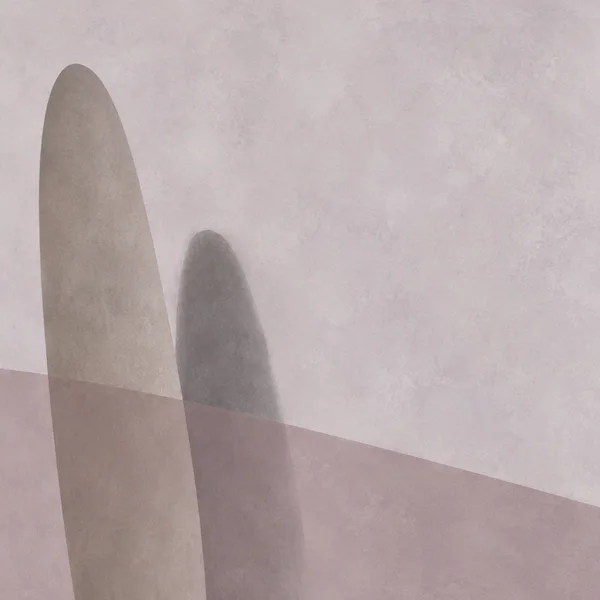 A square abstract composition with two tall translucent gray forms rising from the lower left, crossed by a broad dusty-mauve diagonal plane against a pale…