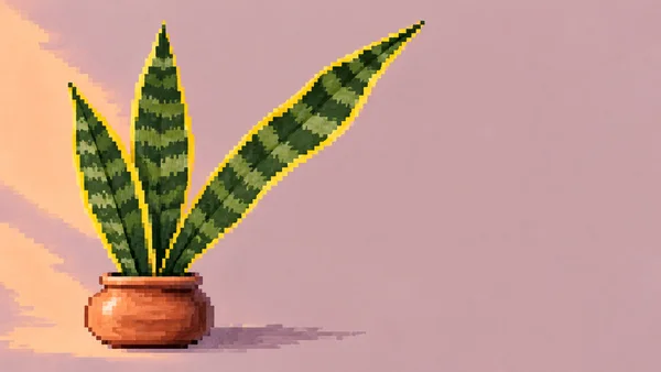 A pixel-styled snake plant with three dark-green, banded leaves and yellow edges grows from a squat terracotta pot on a dusty-mauve background.