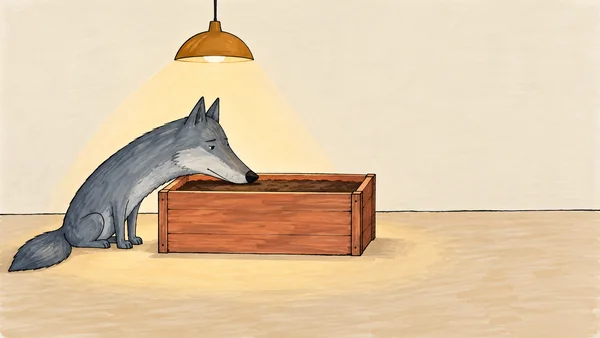 A hand-drawn marker illustration shows a grey wolf with an elongated back resting its muzzle on the rim of a wooden planter filled with dark soil.