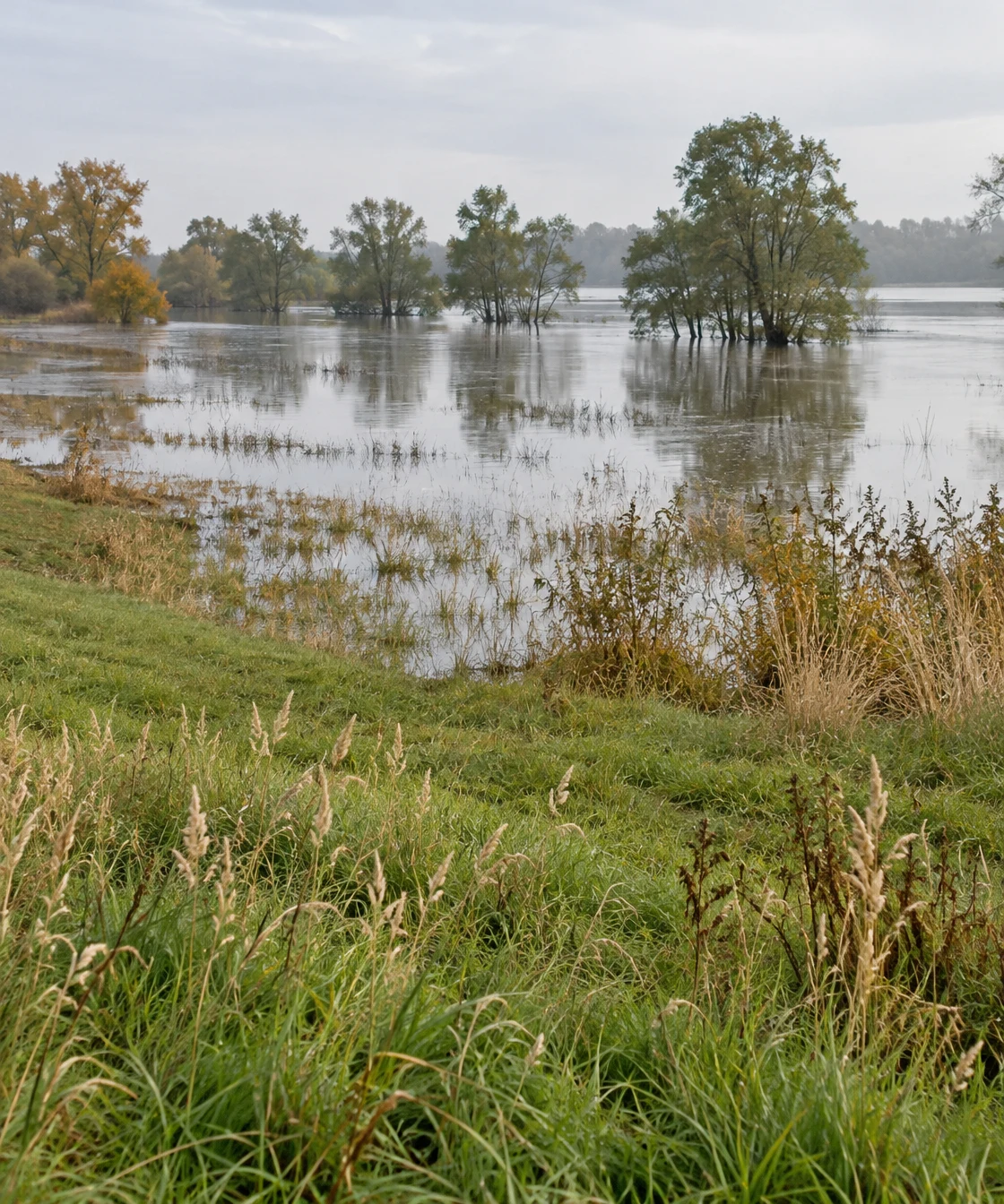 Green meadow grass and ochre reeds border shallow floodwater, where trees stand reflected beneath a pale overcast sky with a hazy treeline in the distance.