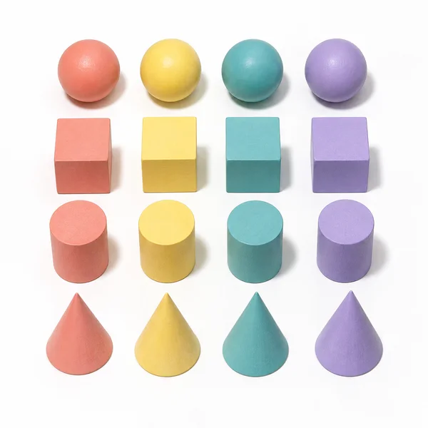 A centered four-by-four grid of pastel painted geometric solids on a white surface, with spheres, cubes, upright cylinders and cones arranged in rows and four…