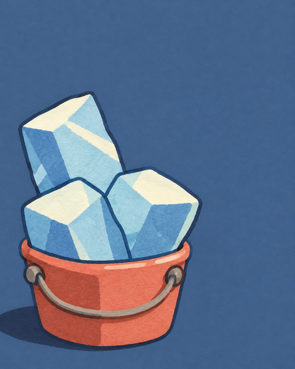 Three oversized angular blue-and-cream ice cubes rise from a squat coral bucket with a curved handle, set against a textured dusk-blue background with a dark…