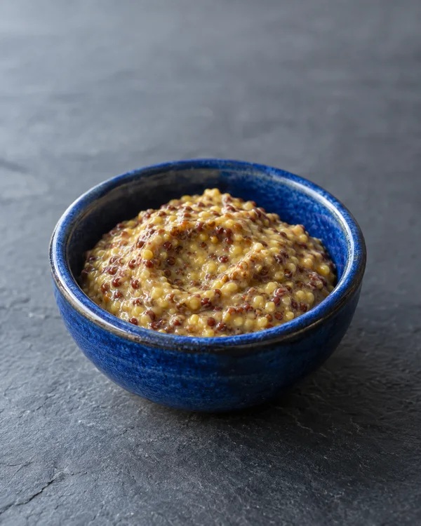 A cobalt-blue ceramic bowl filled with glossy wholegrain mustard sits on a grey slate surface, with open space above and soft light coming from the left.