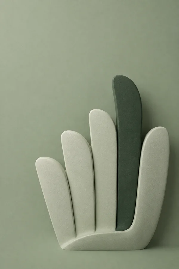 A matte, pale sage-green sculptural form with five rounded upright fins—four light green and one taller dark green—rising from a curved base against a matching…