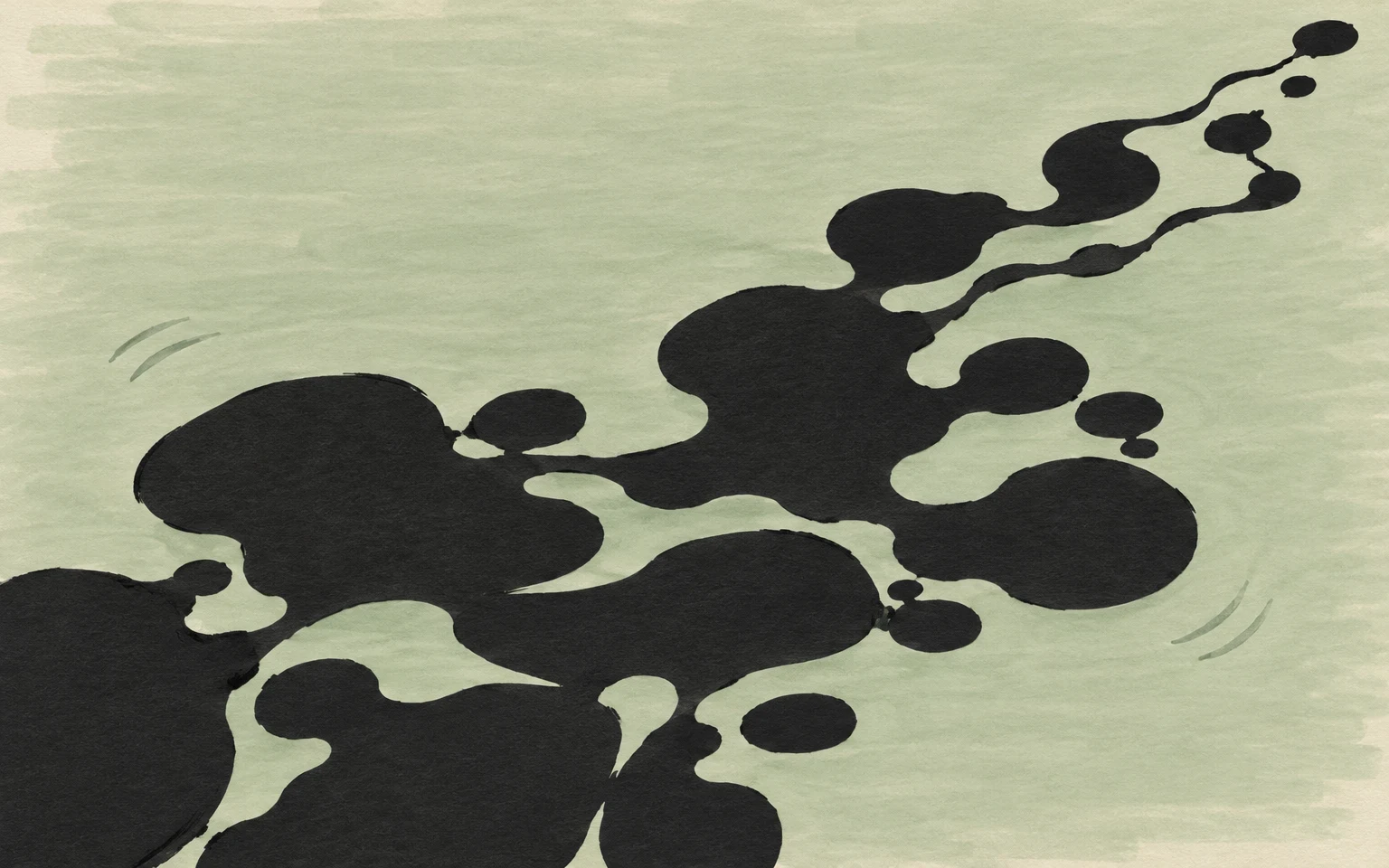 Overhead editorial illustration of irregular matte-black shapes spreading across pale sage water on ivory paper, with thin trailing strands and small ripple…