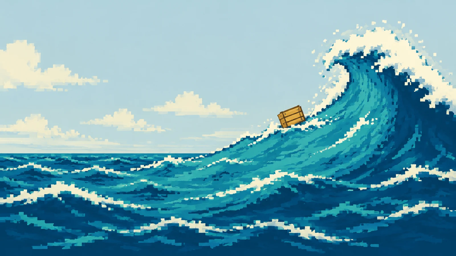 A large turquoise wave with a foamy crest rises on the right beneath a pale blue sky; a small ochre wooden crate with plank divisions tilts on the wave’s…