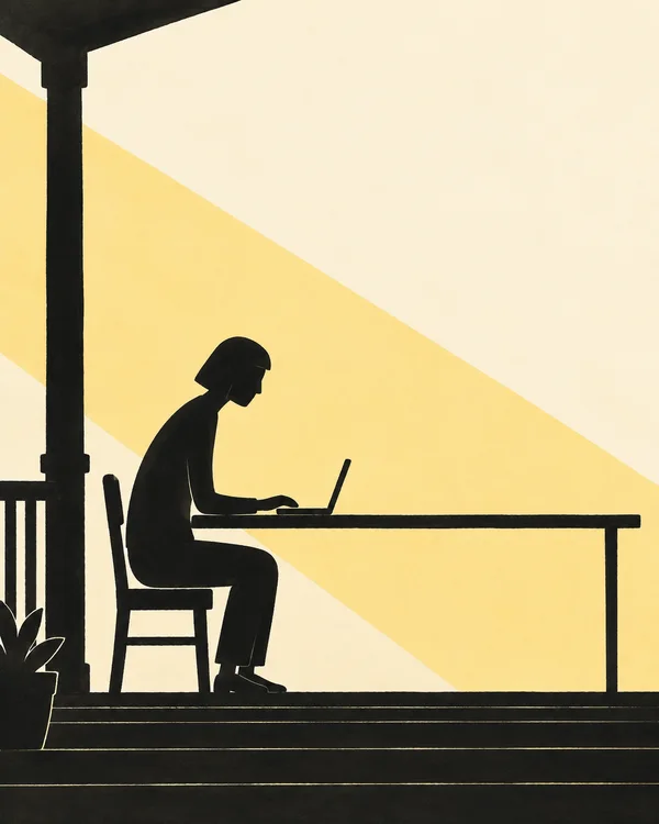 A black cut-paper silhouette of a seated worker in side profile uses an open laptop at a long, thin desk on a porch.