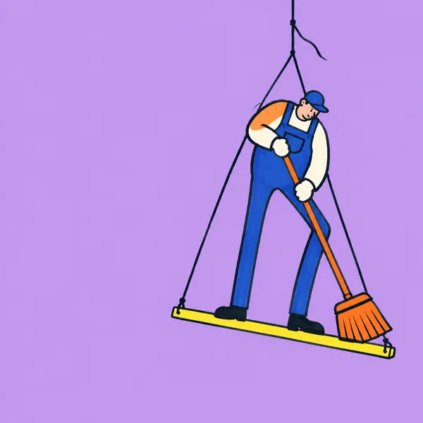 A cartoon cleaner in blue overalls and a cap sweeps a narrow tilted yellow plank with a large orange broom.