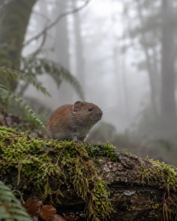 A small brown vole crouches on a moss-covered fallen log in a misty forest, with ferns and blurred tree trunks behind it and pale open space above.