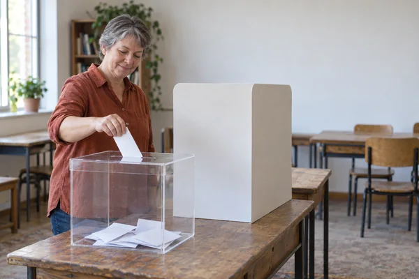 A gray-haired woman in a rust-colored shirt lowers a white paper into a clear ballot box containing several other papers, beside a large plain white privacy…