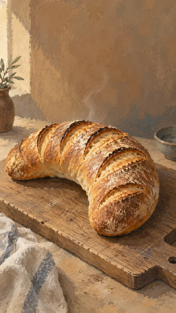 A thick, deeply scored crescent-shaped loaf with a golden crust cools on a worn wooden board.