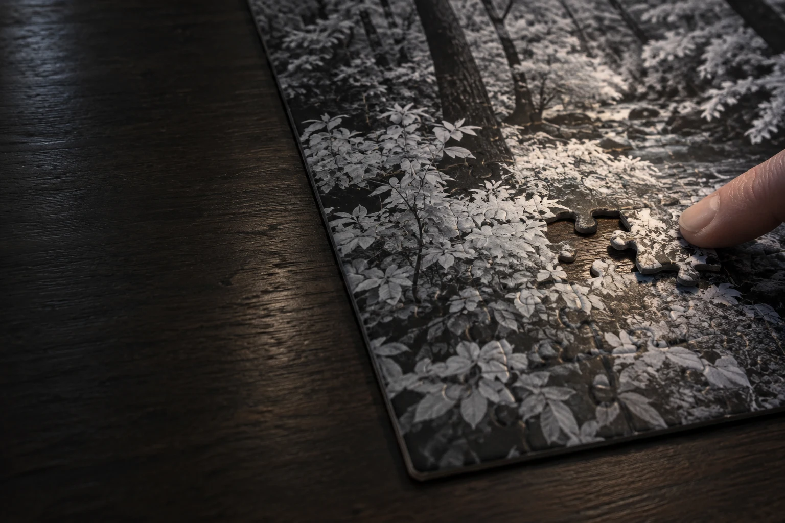 A cropped fingertip nudges a loose jigsaw piece toward a gap in a woodland foliage puzzle on a dark wooden table, with empty tabletop filling the left side.