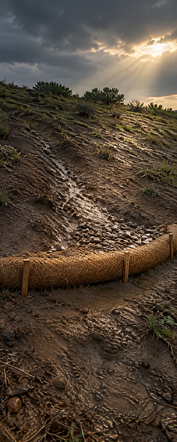 A tan coir erosion-control roll, held by wooden stakes, crosses a rain-darkened slope below a rocky runoff groove and sediment deposit.