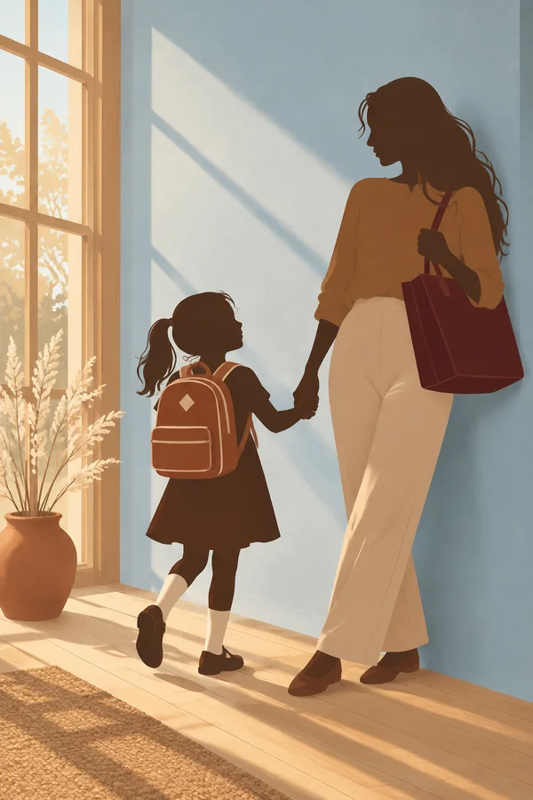 A long-haired adult with a burgundy tote holds hands with a child wearing a brown backpack in a sunlit room with a pale-blue wall, tall wooden window, and…