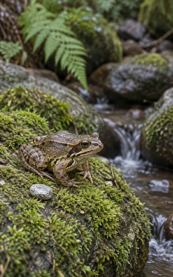 A mottled brown frog crouches on a moss-covered boulder beside a woodland stream, with a small pale pebble near its feet and blurred fern fronds and wet stones…