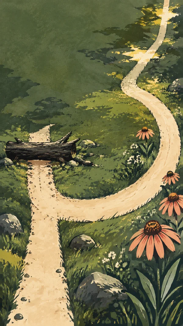 An overhead woodland illustration shows a broad cream path looping around a dark fallen log and rejoining the straight track, with coral flowers, rocks and…
