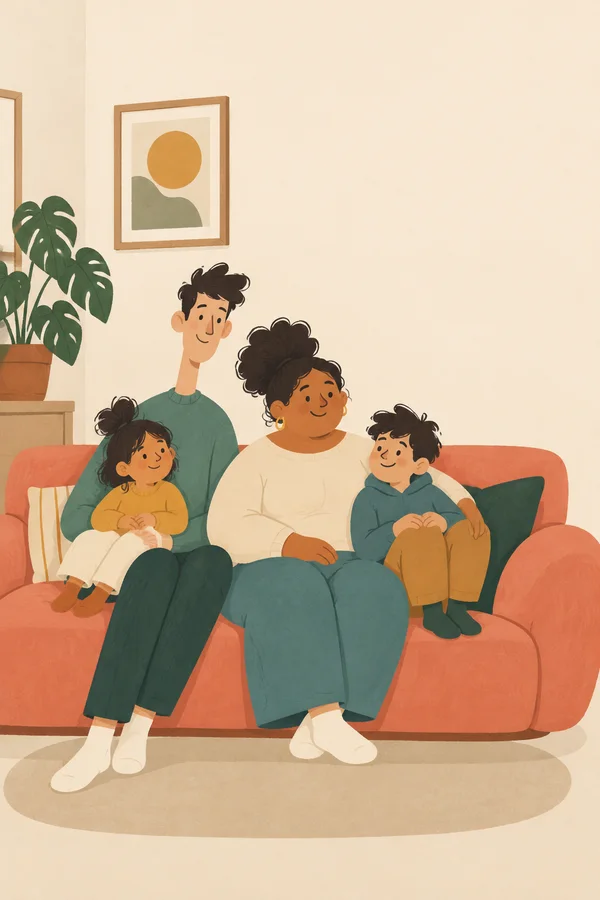 A family of two adults and two children sits close together on a coral sofa in a warm cream living room.