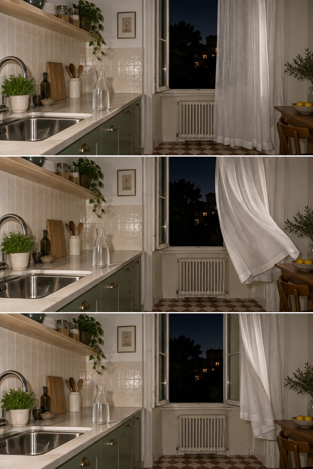 Three stacked views of the same warmly lit kitchen at night, with a sheer white curtain hanging nearly straight, billowing inward, and then falling into folds…