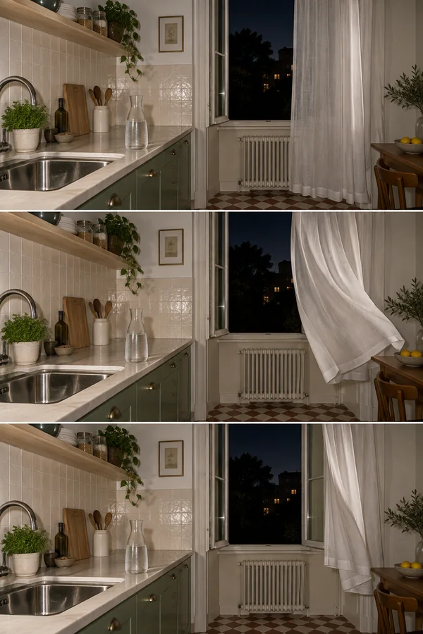 Three stacked views of the same warmly lit kitchen at night, with a sheer white curtain hanging nearly straight, billowing inward, and then falling into folds…