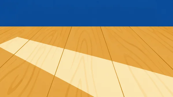 A minimalist geometric illustration of a honey-gold wood floor beneath a deep-blue wall, crossed diagonally by a broad cream patch of sunlight.